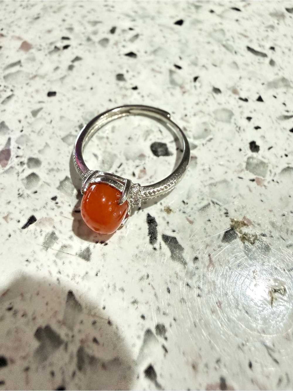 Nanhong Orange Agate Oval Ring，Silver Plated Adjustable Ring